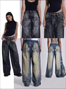 Women Vintage Wing Print Denim Jeans Y2K Streetwear Studded Distressed Straight Leg Loose Pants Cotton Denim For Autumn