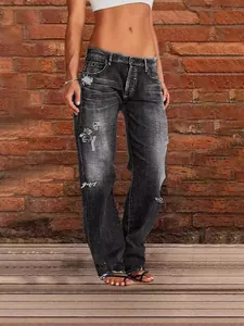 Women's distressed charcoal grey straight-leg jeans with vintage ripped details and worn edges