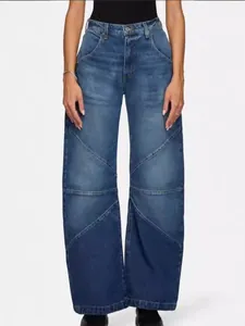 Jeans Vintage à Panneaux pour Femmes Jambe Large Taille Haute Denim Délavé Pantalon Décontracté Droit Retro Patchwork Splicing Streetwear