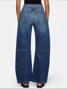 Jean rétro bleu foncé à jambes larges, taille haute et coutures en patchwork diagonal