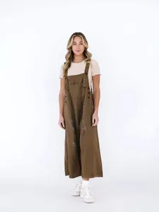 Retro loose brown overall jeans with distressed ripped detailing and side buttons