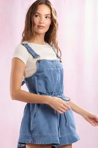 Side view of denim overalls with waist drawstring and white T-shirt set for women