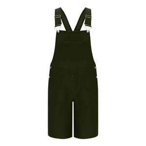 Detailed flat lay of dark green denim shortalls with metal buckles and chest pocket