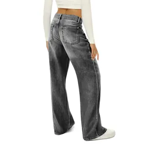 Rear view of high-waisted wide-leg jeans in dark grey wash with back pocket detail