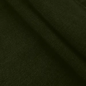 Macro shot of high-quality dark olive green twill denim fabric texture with sharp details