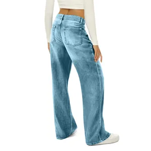 Rear view of high-waisted light blue wide leg jeans showing denim wash texture and fit