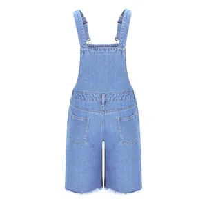 Rear view of men's distressed denim overalls with back pockets and frayed hem details