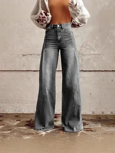 Retro wash grey high-waist wide-leg jeans with vertical seams in casual street style