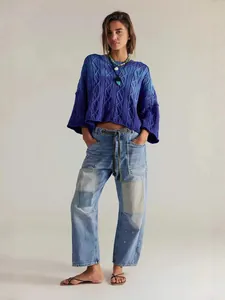 Jeans Femme Jambe Droite Rétro Américain avec Peinture Éclaboussée Patchwork Cordon de Serrage Denim Lavé Pantalons Cargo Streetwear