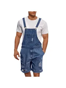 Men Casual Distressed Denim Bib Shorts Plus Size Ripped Jeans Overall Shorts Washed Cotton Streetwear Fashion Cargo Shorts