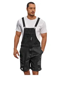 Men's washed black distressed denim overall shorts with ripped details and adjustable straps