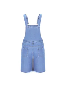 Back view of men's distressed light blue denim overall shorts with raw hem and pockets