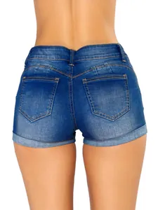 Pantaloncini di jeans blu slim fit da donna con cuciture gialle e risvolto, vista retro