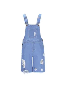 Men's light blue distressed denim overall shorts with adjustable straps and ripped detail