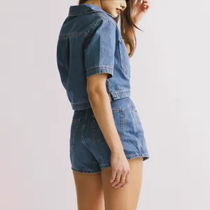 Conjunto de mezclilla de 2 piezas para mujer con chaqueta corta y pantalones cortos azules