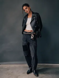 Pantalon droit en denim délavé style rétro américain avec empiècements gris