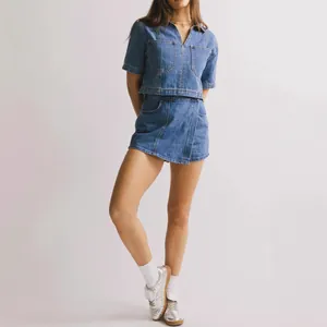 Conjunto vaquero de dos piezas para mujer con top de manga corta y minifalda cruzada