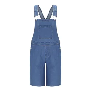 Detail of blue denim overalls shorts with metal buckles and chest pocket
