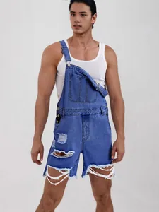 Herren Denim Latzhose Shorts Distressed Ripped Verstellbare Träger Vintage Streetwear Sommer Mode