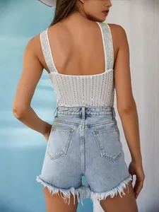Sexy rhinestone fringe denim shorts with white sequined sleeveless top for women