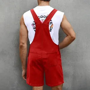 Rear view of red denim overalls for men with classic square pockets and workwear style