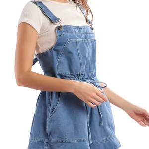 Women's light blue denim overalls with adjustable straps and drawstring waist design
