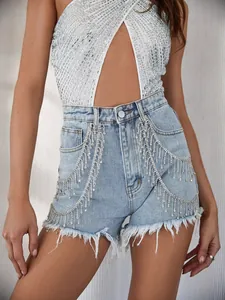 Sexy light blue denim shorts with silver rhinestone fringe and sparkling tassels
