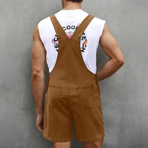 Back view of brown denim overalls featuring adjustable straps and symmetrical pockets