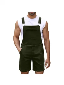 Men's dark green denim overalls shorts with adjustable straps and front pocket