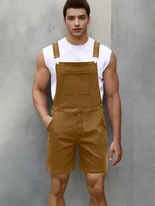 Men's stylish brown denim overalls shorts with adjustable straps and front pockets