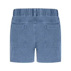 Rear view of light blue denim shorts featuring elastic high waist and dual back pockets