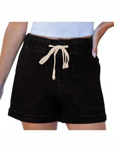 Women's black denim shorts featuring a high elastic waist and contrasting drawstrings