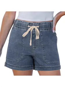 Women's high-waisted denim shorts with elastic drawstring waist and cargo pockets
