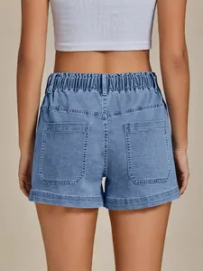 Women's casual blue denim shorts with elastic drawstring waist and cuffed hem, back view