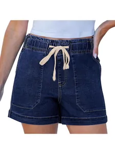 Women's dark blue denim shorts with elastic drawstring waist and large front pockets