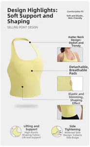 Detail of yellow halter yoga top with wide side coverage and removable padding