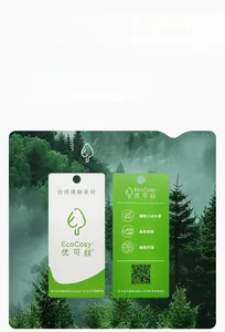 EcoCosy wood fiber material tag showing sustainable and soft fabric certification details