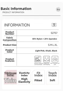 Detailed fabric chart for yoga bra showing 80% nylon blend and elastic stretch performance