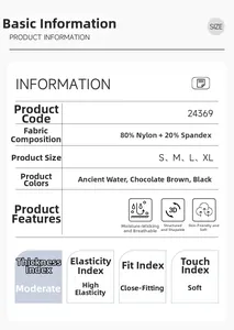 Detailed fabric and size chart for yoga top showing nylon spandex blend and high elasticity
