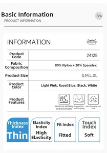 Detailed size chart and fabric specs for high-elasticity Lycra sports yoga bra
