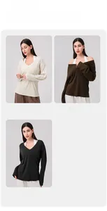 Lockere Yoga-Langarmshirts mit V-Ausschnitt in Hellbeige, Kaffeebraun und Schwarz
