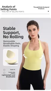 Detailed view of removable breathable chest pads on yellow halter yoga sports vest
