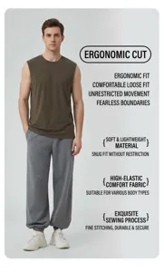 Detail view of men's olive yoga vest with ergonomic seams and breathable modal fabric