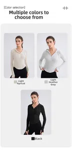Detail of hooded yoga shirts with thumbholes and half-zip in beige, grey, and black