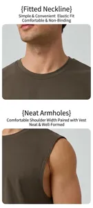 Detail view of the fitted neckline and neat sleeve cuffs on a men's yoga sports vest