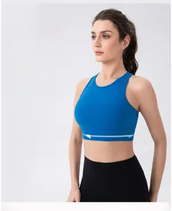 Close-up of royal blue Lycra yoga bra showing high elasticity and skin-friendly fabric