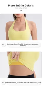 Detail of yellow halter yoga top featuring U-neckline and removable padded bra inserts