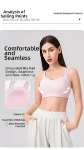 Detail of light pink seamless sports bra showing integrated pads and thin straps