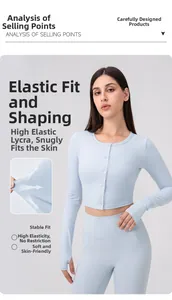 Detail shot of light blue Lycra yoga top fabric showing high elasticity and soft texture