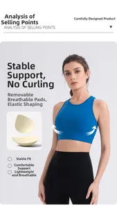 Detail of high-support blue sports bra showing breathable removable pads and high elastic fabric